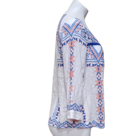 Pixley Boutique Aztec Embroidered Lace Detail Stitch White Blue Blouse Sz XS - Picture 3 of 9